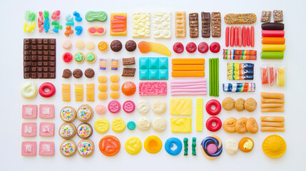 Colorful processed foods arranged on white surface, showcasing modern dietary habits and the impact of convenience on nutrition and lifestyle choices