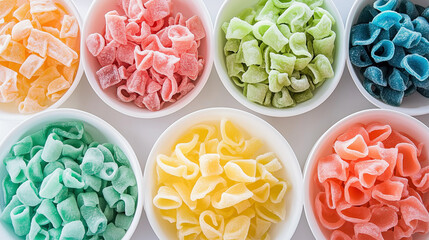 Colorful processed foods arranged on white surface, showcasing modern dietary habits and the impact of convenience on nutrition and lifestyle choices
