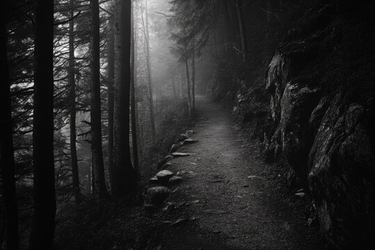 A dark forest path with trees and rocks