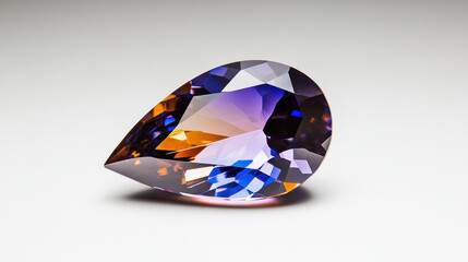 Amethyst Gemstone:  A mesmerizing pear-shaped amethyst gemstone, showcasing a captivating gradient of purple, orange, and blue hues, displays its brilliance and intricate facets.