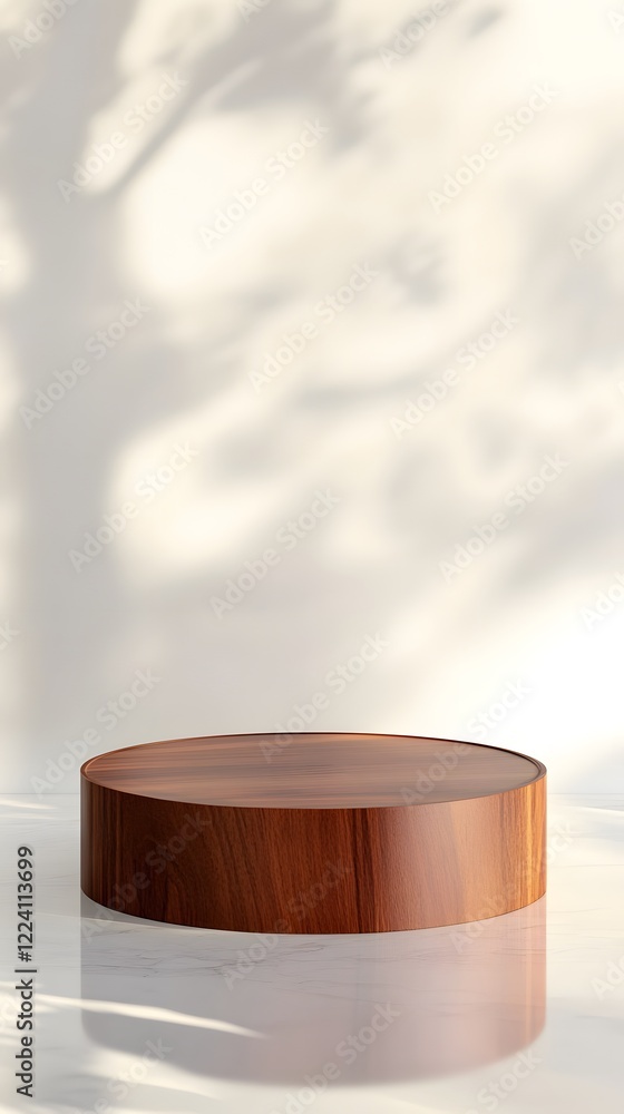 Poster a podium with a polished wood finish, placed in front of a soft white background with soft lighting 