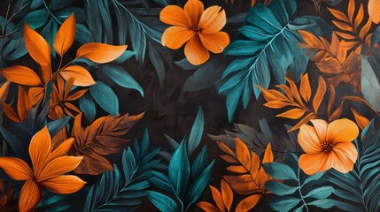 Vibrant Tropical Floral Pattern with Blue and Orange Leaves and Flowers