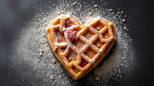 Heart-shaped waffle with powdered sugar on dark surface