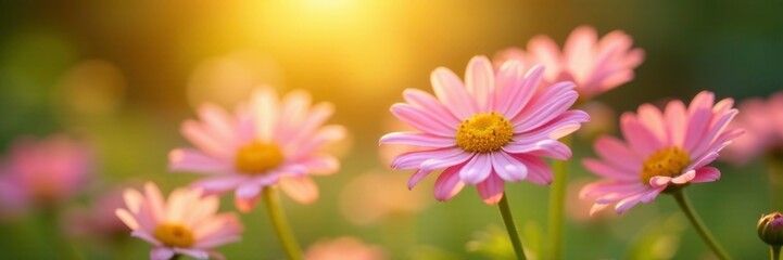 Soft yellow sun shines down on delicate pink daisies, their petals gently swaying in the breeze, flowers, garden, soft