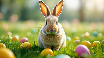 Curious rabbit exploring colorful easter eggs in lush spring meadow - Powered by Adobe