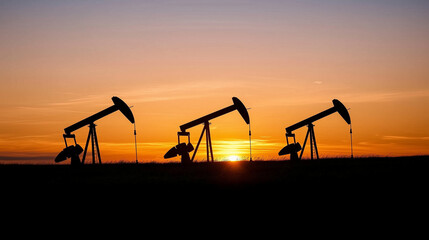 Fototapeta premium Oil pumps silhouetted against a vibrant sunset, symbolizing the intersection of industrial energy production and natural beauty, highlighting sustainability and resource management