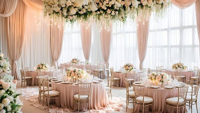 Elegant wedding reception decor featuring blush pink tablecloths, gold chiavari chairs, and a stunning floral ceiling installation.