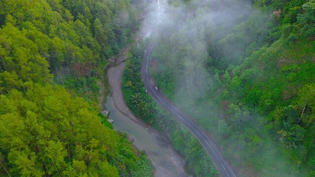 Dramatic Drone view of highway in the middle of forest and trees among hills with thin mist in the morning