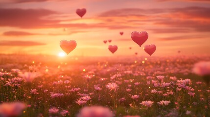 Fototapeta premium Romantic sunset scene, colorful hearts floating above a vibrant flower field, perfect for love-themed projects and invitations.
