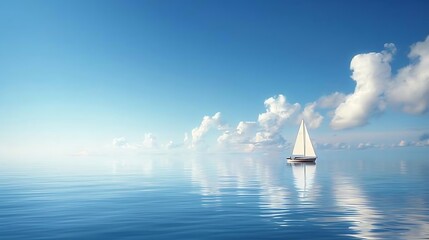 a lone sailboat gently bobbing on calm waters, framed by a bright blue sky.