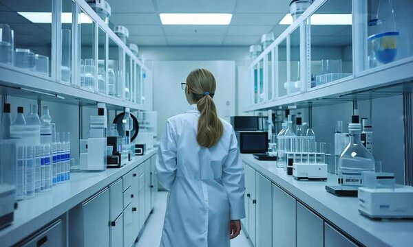 Woman In White Lab Coat Walking Through Modern Laboratory