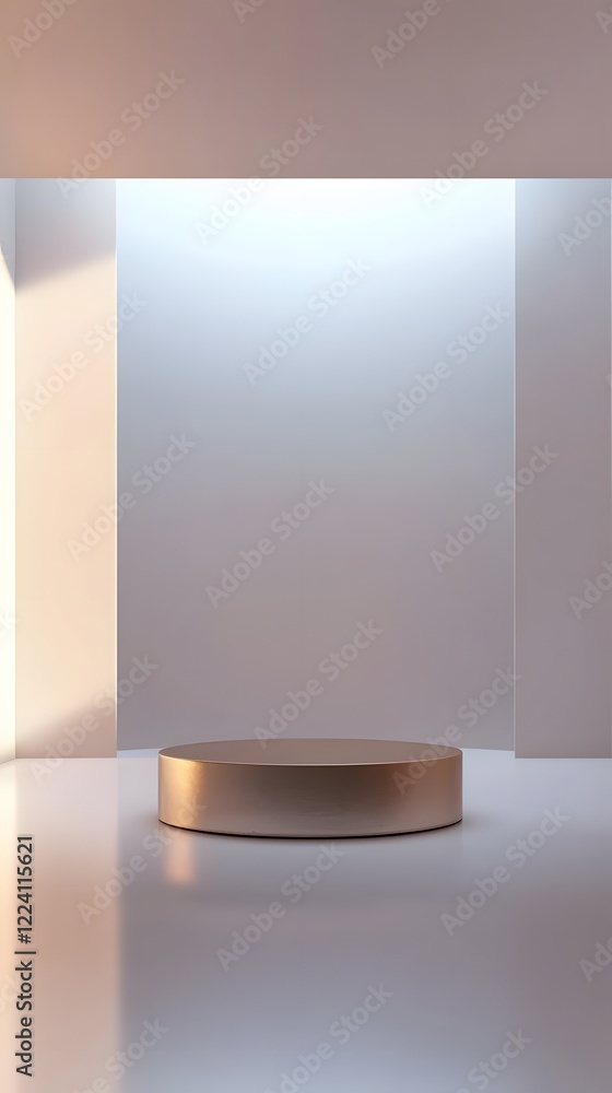 Aufkleber a podium with a soft metallic sheen, placed in front of an empty white room with soft light coming f