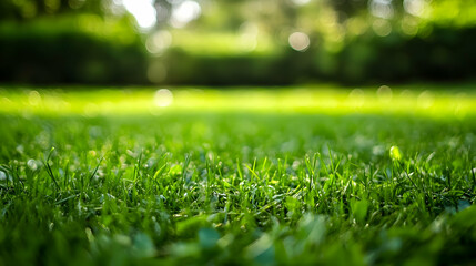 Fototapeta premium Lush green grass in park, sunny day. Background bokeh, nature wallpaper