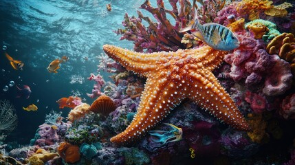 Starfish on vibrant coral reef, ocean scene, underwater life