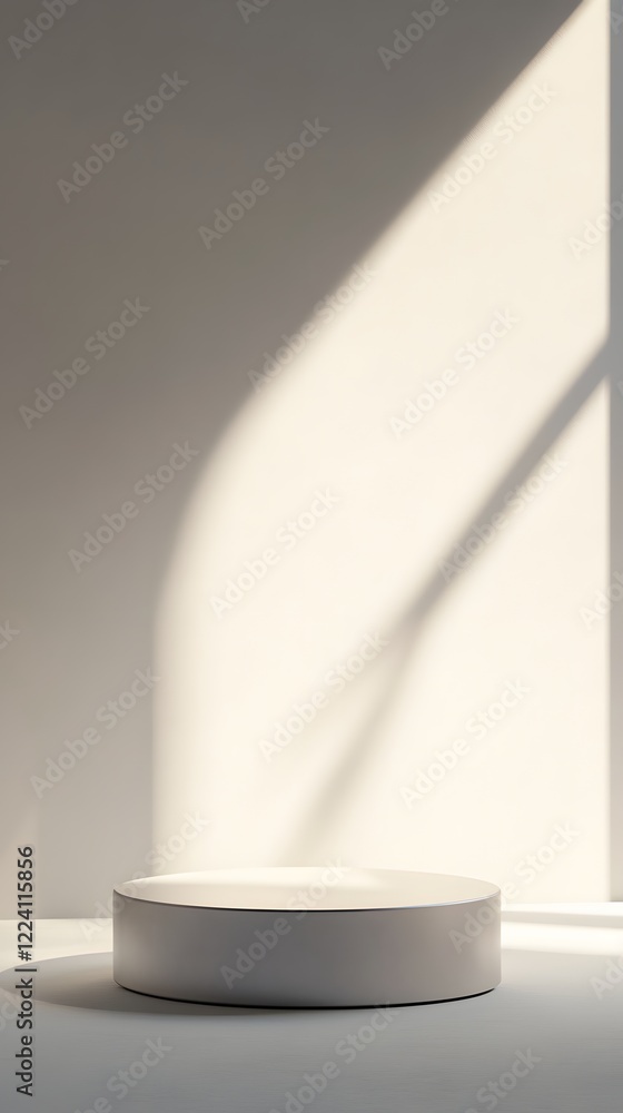 Poster a podium with a soft metallic sheen, placed in front of an empty white room with soft light coming f