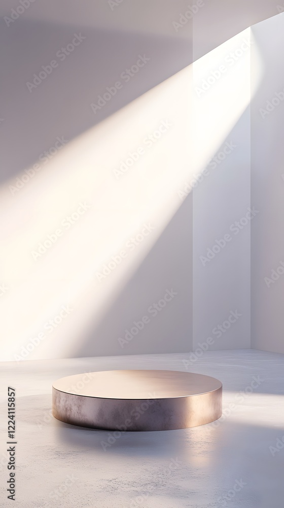 Poster a podium with a soft metallic sheen, placed in front of an empty white room with soft light coming f