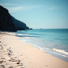 Fototapeta premium Serene coastline with soft waves lapping against pristine sandy beach during a sunny day