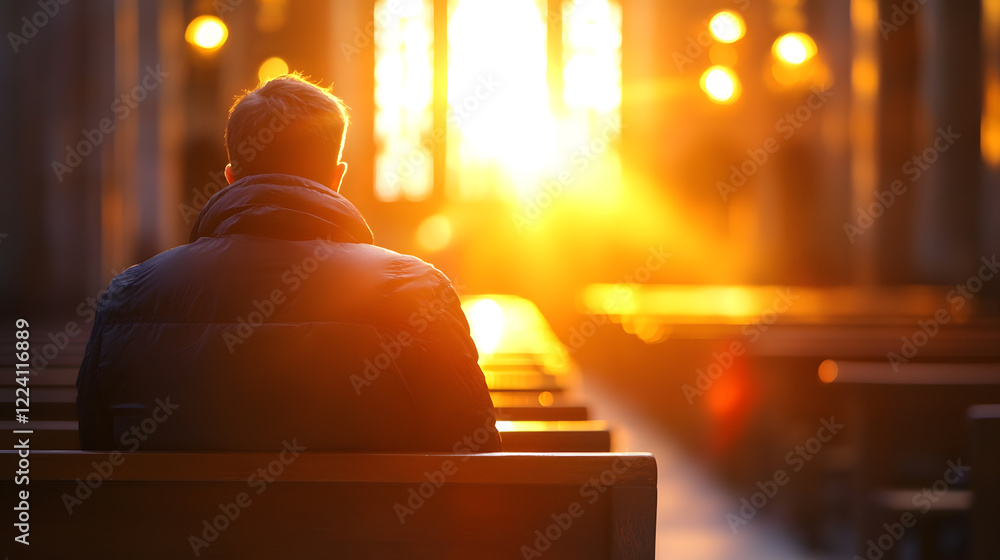 Poster man praying in church pew at sunset with warm golden light streaming through : generative ai