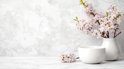 Fototapeta premium Pink cherry blossom branches in a white ceramic vase stand next to an empty bowl on a textured stone surface.