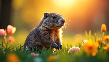 Fototapeta premium a cute animal groundhog in the field with sunlight sunny day at groundhog day