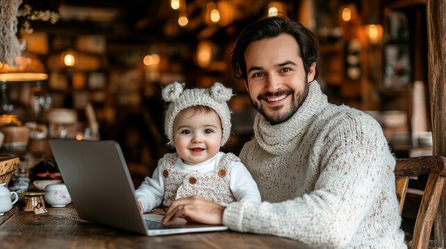 Happy Father and Baby Working from a Cozy Cafe
