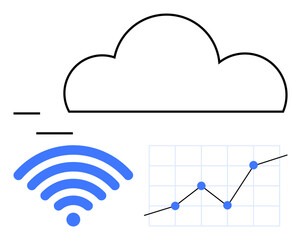 Cloud outline, blue wireless signal icon, and line graph with data points. Ideal for technology, IoT, cloud storage, business analytics, data management, digital connectivity abstract line flat
