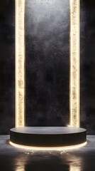 A podium with sharp, modern lines, set against a cool, industrial backdrop with soft lighting creating a stark contrast