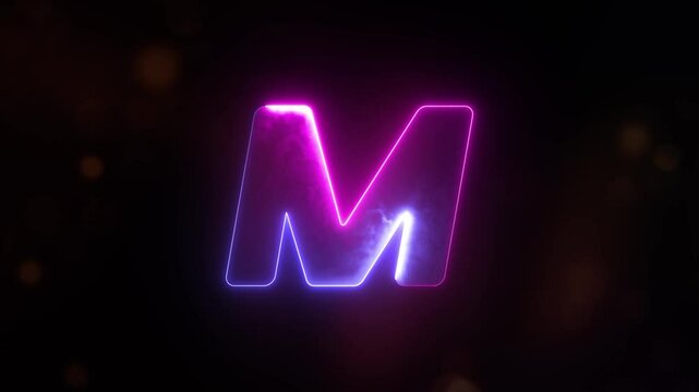 Glowing neon capital Latin alphabet M animation. English Language Letter M, Neon futuristic effect. Trendy font with glow lighting. Educational concepts