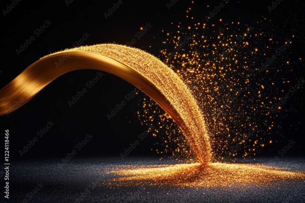 Poster a shimmering arc of golden particles cascades against a dark background, creating a mesmerizing and 