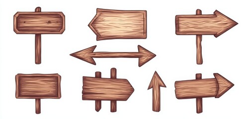 Collection of rustic wooden signs; arrows, blank boards, directional.