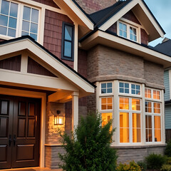 Fototapeta premium Luxury Home Exterior at Night: Modern Architecture, Brick Facade, and Landscaped Garden