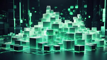 A vibrant, abstract representation of a cityscape made up of illuminated geometric blocks.