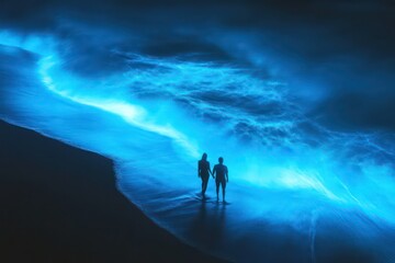Fototapeta premium A wide-angle view of a couple walking on the beach as glowing blue waves crash nearby.