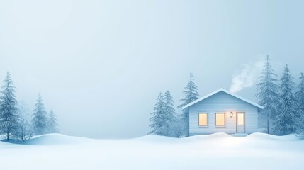 Naklejka premium Charming winter escape, small house blanketed in snow with majestic trees in the background
