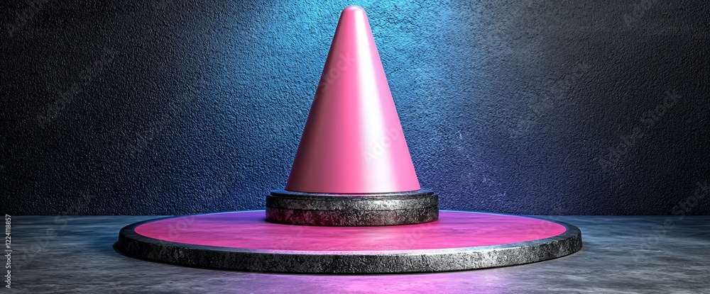 Poster pink cone on a circular platform in a dark studio with blue and pink lighting.
