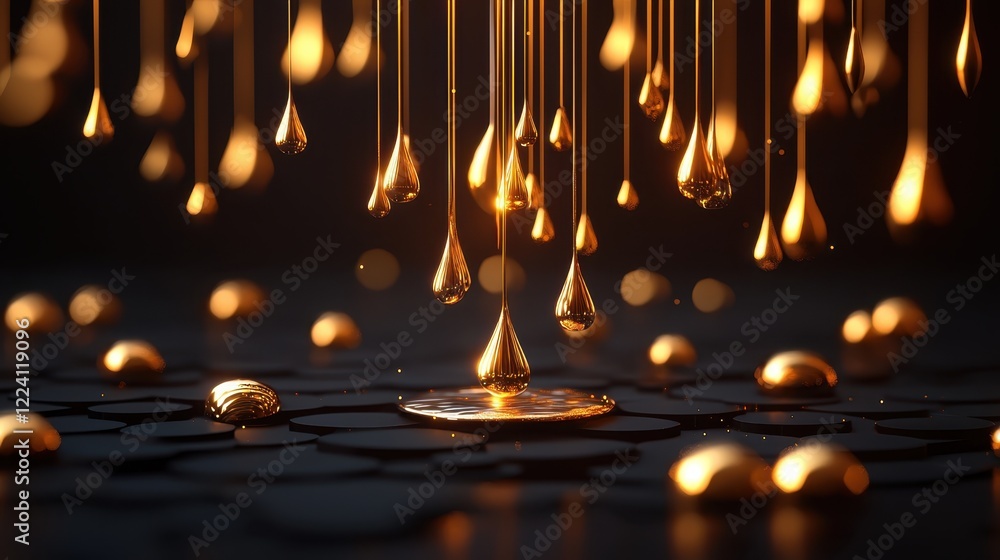 Poster a mesmerizing close-up of golden droplets falling and creating ripples on a dark surface, showcasing