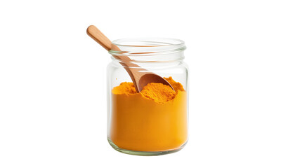 Toples Kaca Bubuk Kunyit Oranye Cerah dengan Sendok Kayu Terisolasi di Latar Belakang Transparan