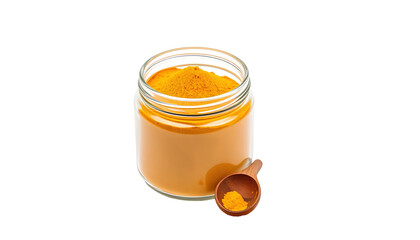 Toples Kaca Bubuk Kunyit Oranye Cerah dengan Sendok Kayu Terisolasi di Latar Belakang Transparan