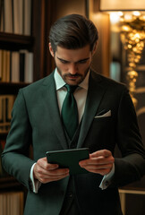 Professional Businessman in a Sophisticated Office Setting Holding a Digital Tablet with Bookshelves in the Background
