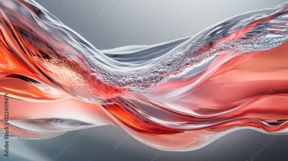 Poster fluid abstract design with waves and bubbles in shades of red and silver on a gray background
