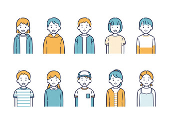 正面を向いて笑う子供たちのイラストセット
