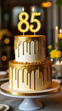 Golden candles flicker on elegant twotiered cake celebrating 85th birthday milestone