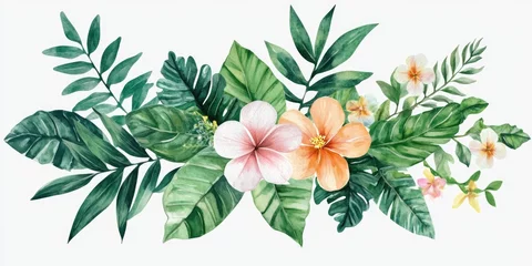 Fototapete A watercolor painting of a tropical flower arrangement with green leaves © Alexandr