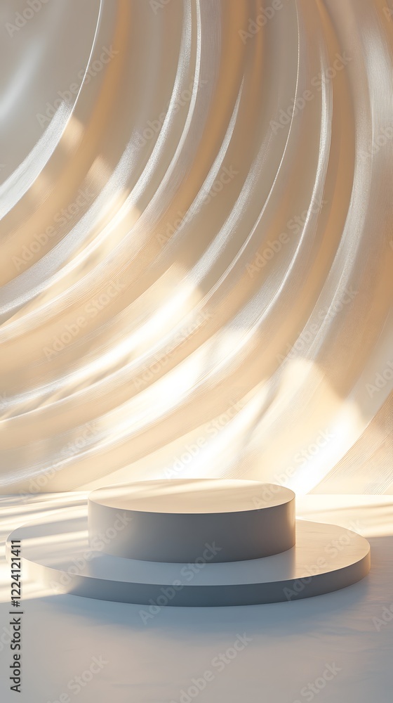 Poster a podium on a clean, white surface with a subtle shadow, set in front of an abstract swirl of light 