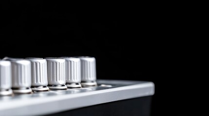 Silver audio mixer knobs close-up, dark background, music production, studio equipment