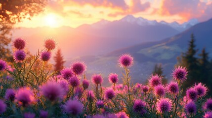Fototapeta premium Majestic Sunset Over the Mountains and Purple Flowers