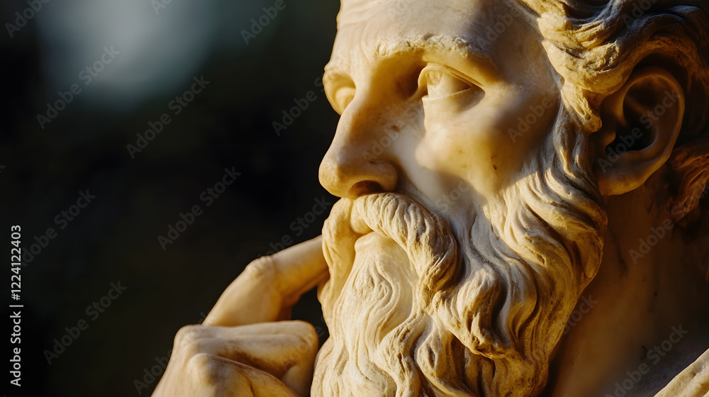 Poster close-up of ancient greek philosopher sculpture contemplative pose facing left : generative ai