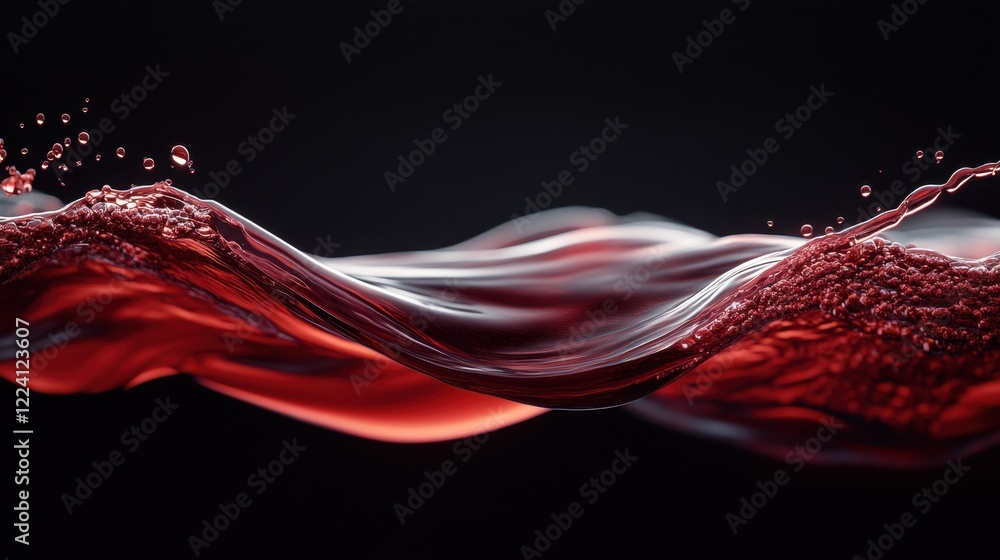 Poster fluid red movement with bubbles and splash against a dark background