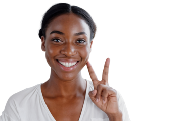 Smiling African woman showing peace fingers sign, isolated on transparent background