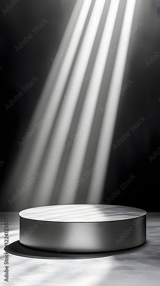 Poster a podium with a sleek silver finish, positioned in front of an empty space with soft beams of light 